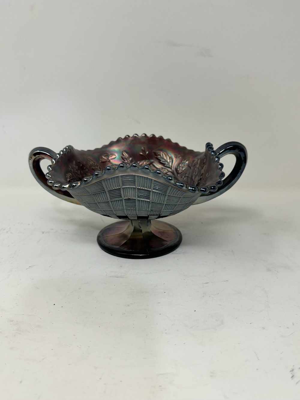 Northwood Iridescent Carnival Glass Two-Handled Compote - Blue Purple preowned